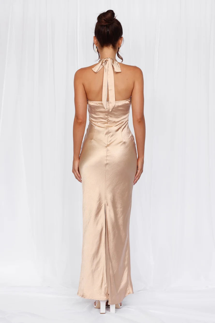 Maxi Satin Dress with Tie at the Neck and Open Back - MAZIE
