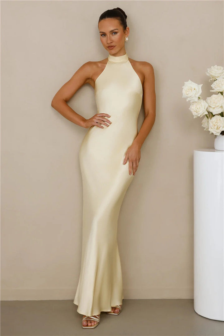 Maxi Satin Dress with Tie at the Neck and Open Back - MAZIE