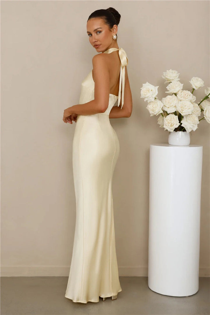 Maxi Satin Dress with Tie at the Neck and Open Back - MAZIE