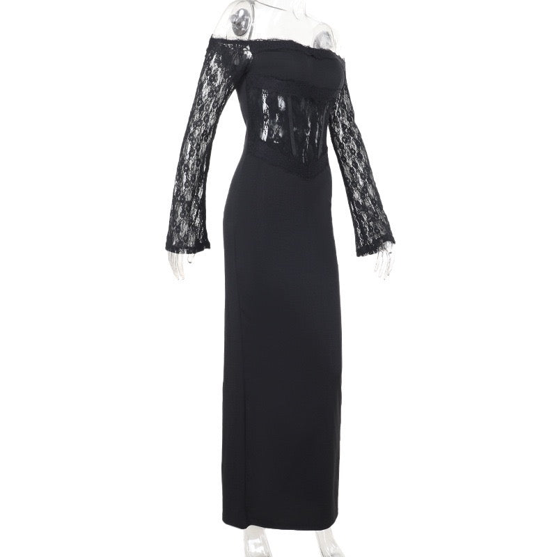 Elegant maxi dress with off-shoulder design and lace decoration - Tamara