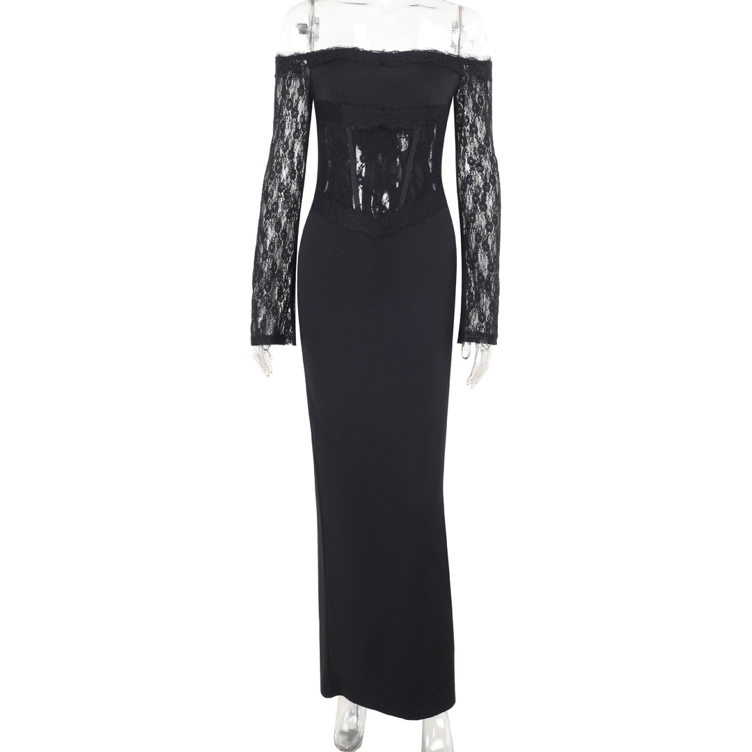 Elegant maxi dress with off-shoulder design and lace decoration - Tamara