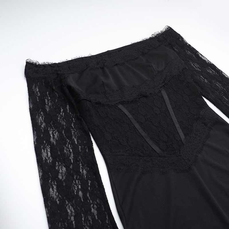 Elegant maxi dress with off-shoulder design and lace decoration - Tamara