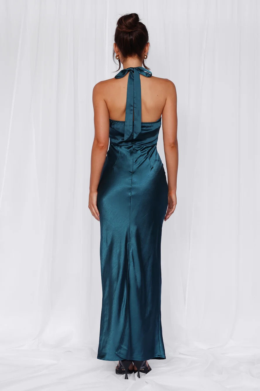 Maxi Satin Dress with Tie at the Neck and Open Back - MAZIE