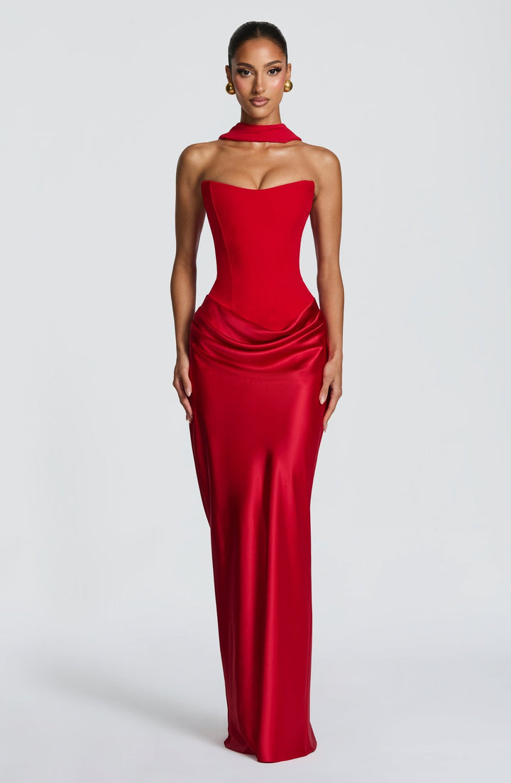 Maxi strapless dress with satin pleats and a lace-up corset back for waist fitting, decorated with a scarf - GENNA