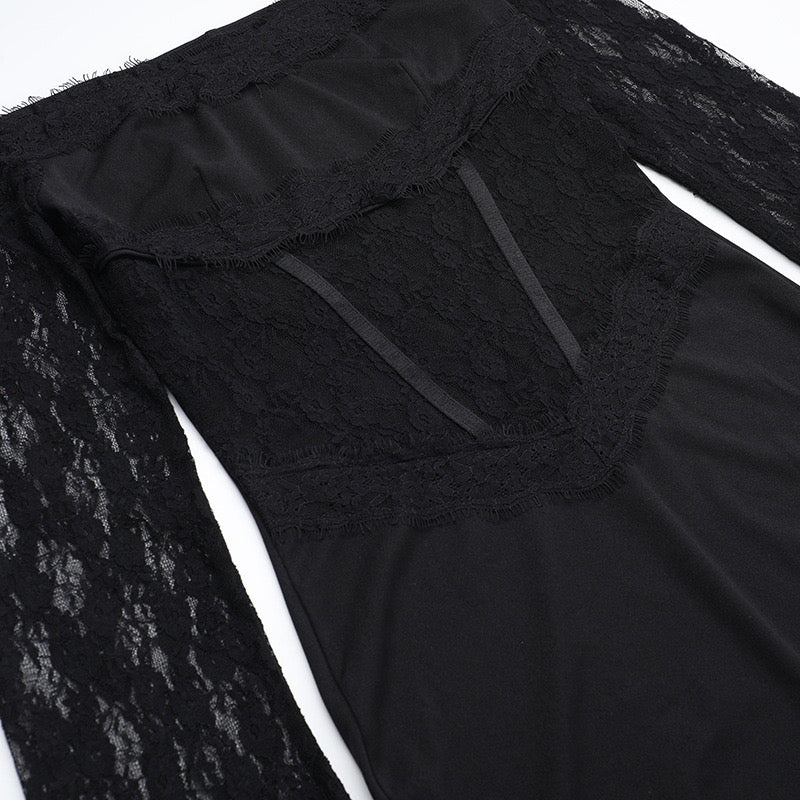 Elegant maxi dress with off-shoulder design and lace decoration - Tamara