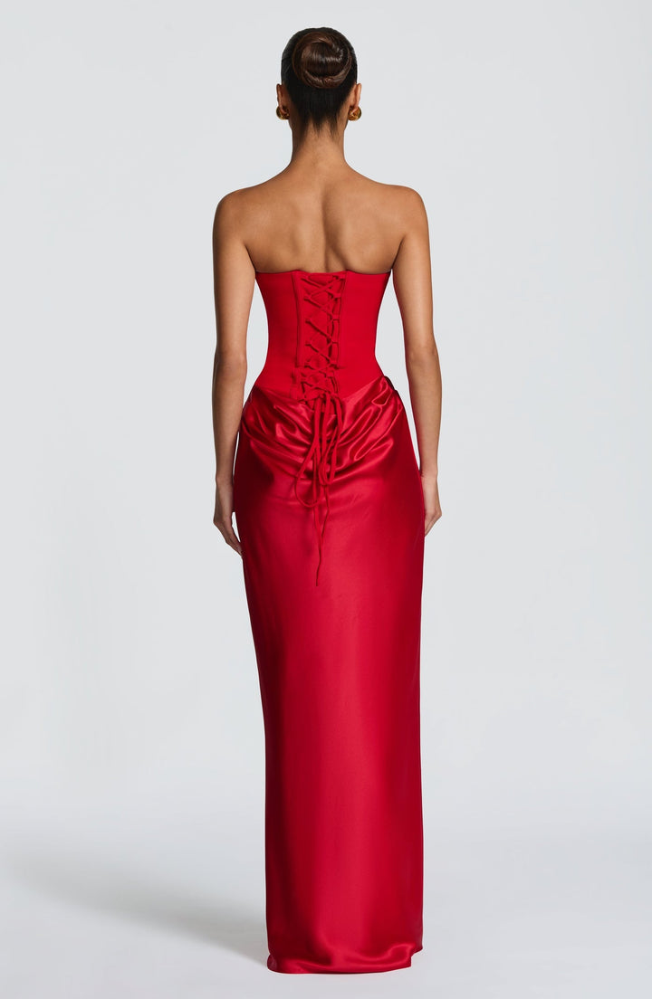Maxi strapless dress with satin pleats and a lace-up corset back for waist fitting, decorated with a scarf - GENNA