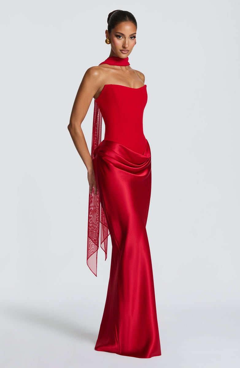 Maxi strapless dress with satin pleats and a lace-up corset back for waist fitting, decorated with a scarf - GENNA