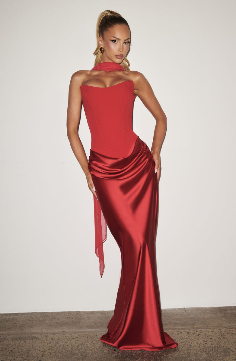 Maxi strapless dress with satin pleats and a lace-up corset back for waist fitting, decorated with a scarf - GENNA