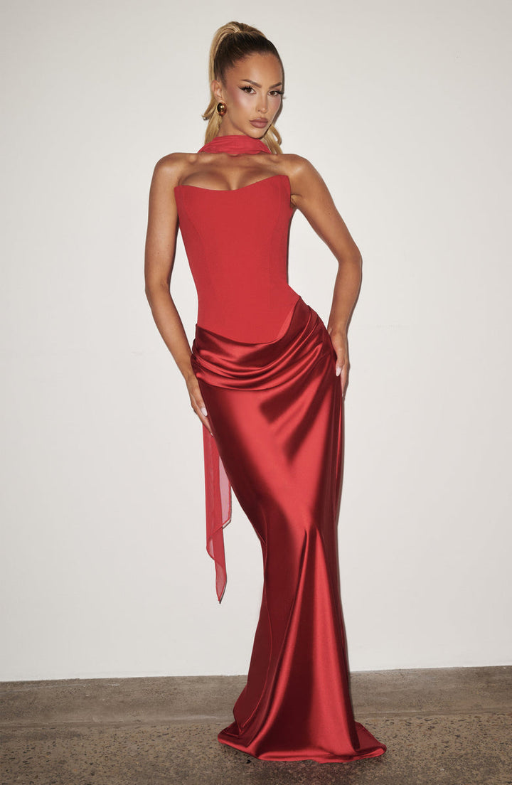 Maxi strapless dress with satin pleats and a lace-up corset back for waist fitting, decorated with a scarf - GENNA