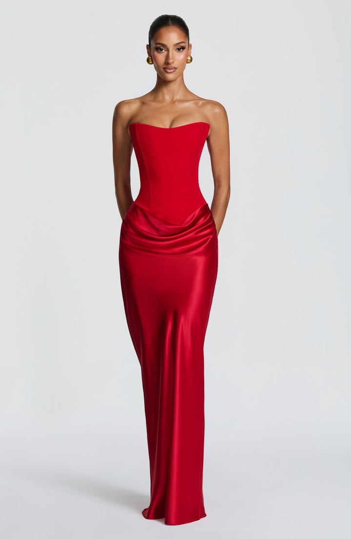 Maxi strapless dress with satin pleats and a lace-up corset back for waist fitting, decorated with a scarf - GENNA