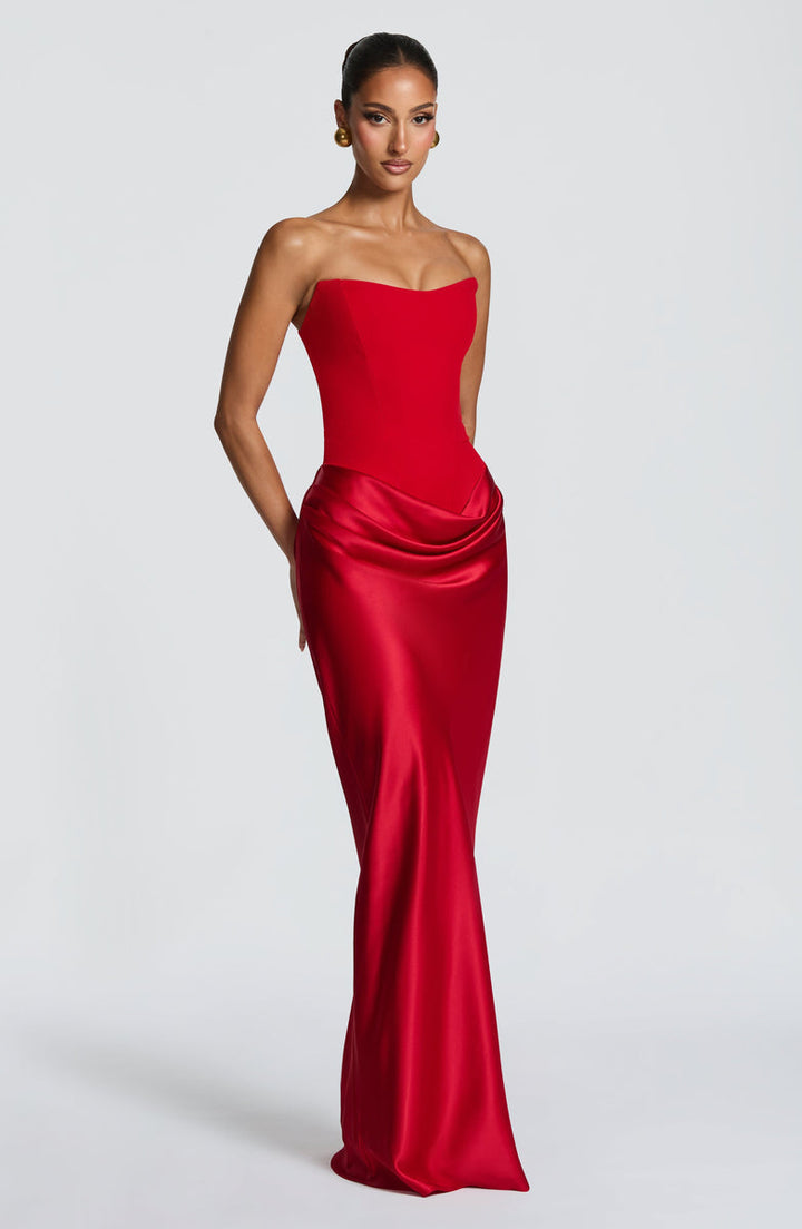 Maxi strapless dress with satin pleats and a lace-up corset back for waist fitting, decorated with a scarf - GENNA