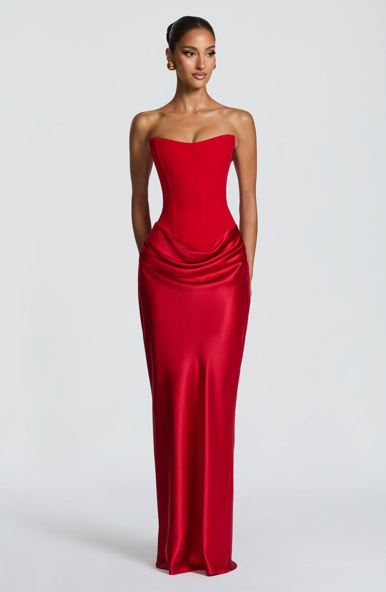 Maxi strapless dress with satin pleats and a lace-up corset back for waist fitting, decorated with a scarf - GENNA