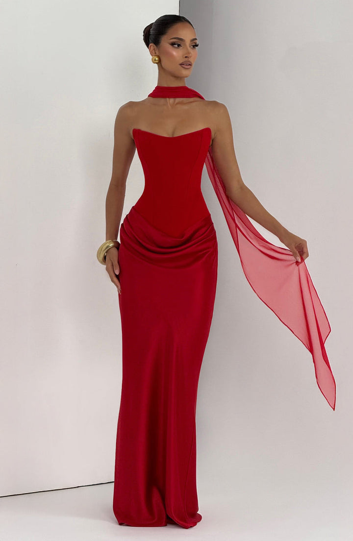 Maxi strapless dress with satin pleats and a lace-up corset back for waist fitting, decorated with a scarf - GENNA