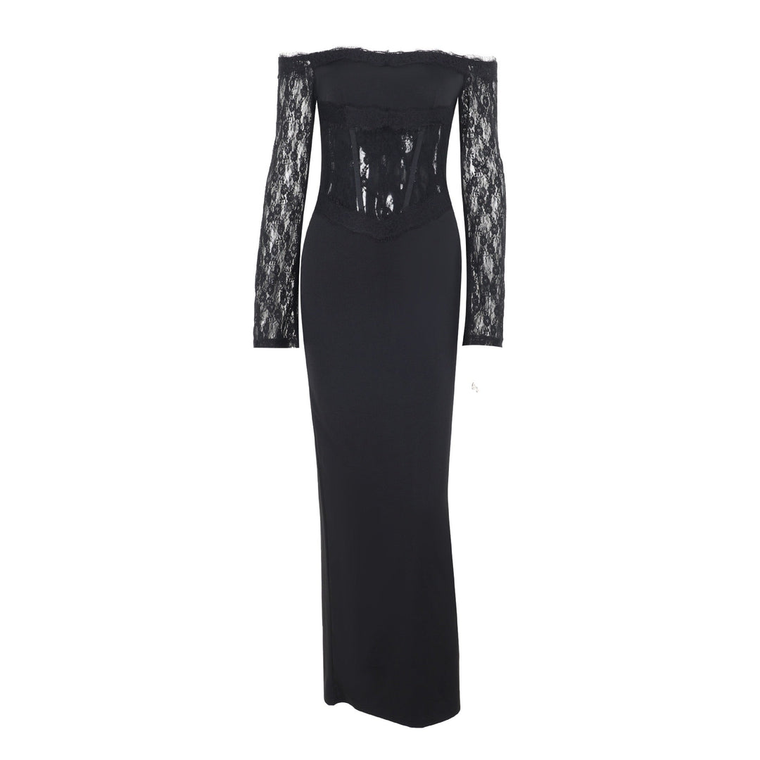 Elegant maxi dress with off-shoulder design and lace decoration - Tamara