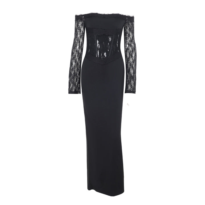 Elegant maxi dress with off-shoulder design and lace decoration - Tamara