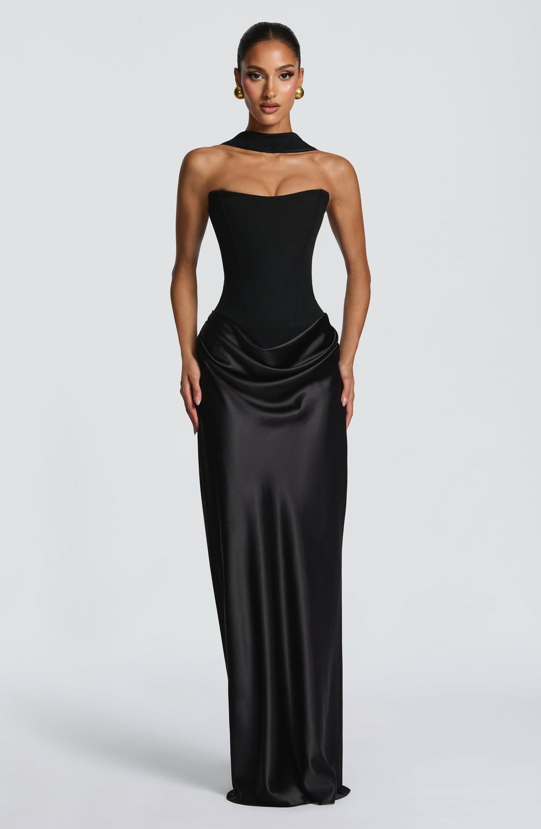 Maxi strapless dress with satin pleats and a lace-up corset back for waist fitting, decorated with a scarf - GENNA