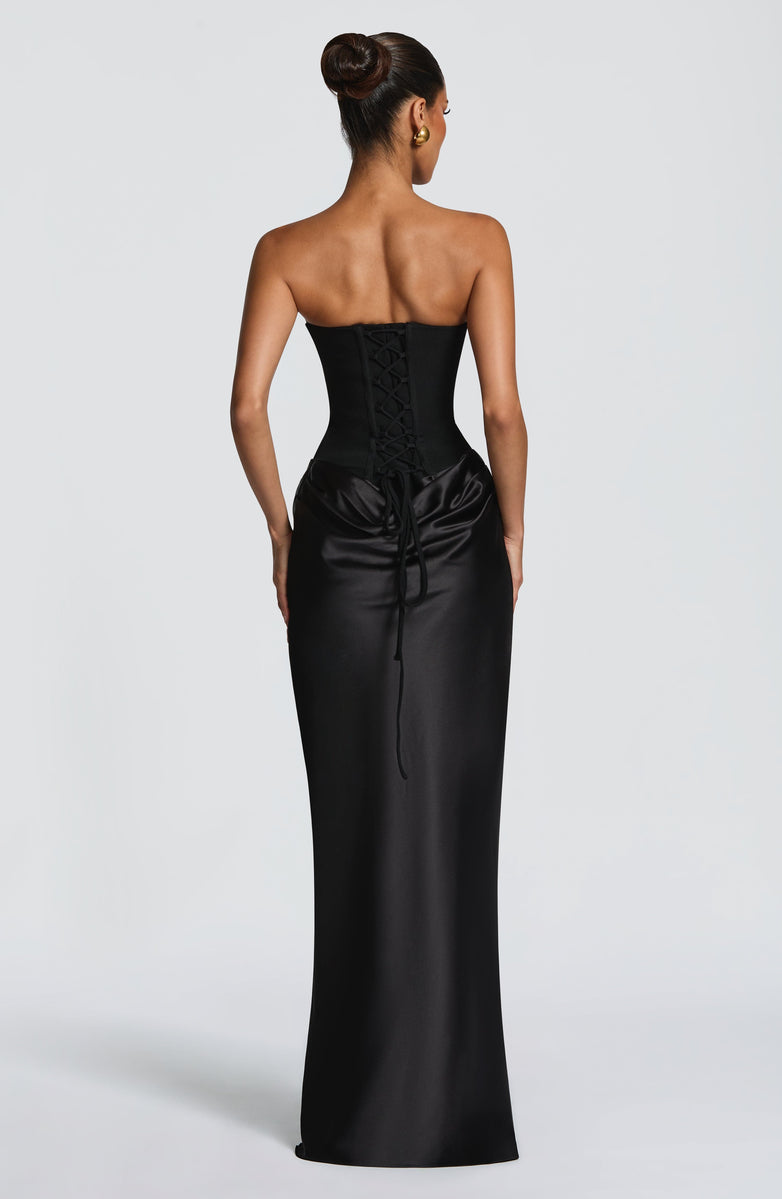 Maxi strapless dress with satin pleats and a lace-up corset back for waist fitting, decorated with a scarf - GENNA
