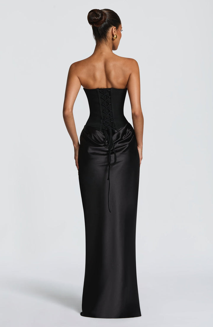 Maxi strapless dress with satin pleats and a lace-up corset back for waist fitting, decorated with a scarf - GENNA