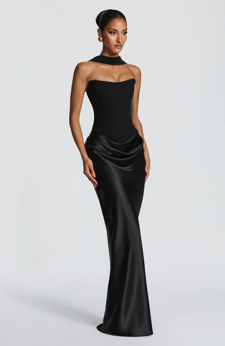 Maxi strapless dress with satin pleats and a lace-up corset back for waist fitting, decorated with a scarf - GENNA