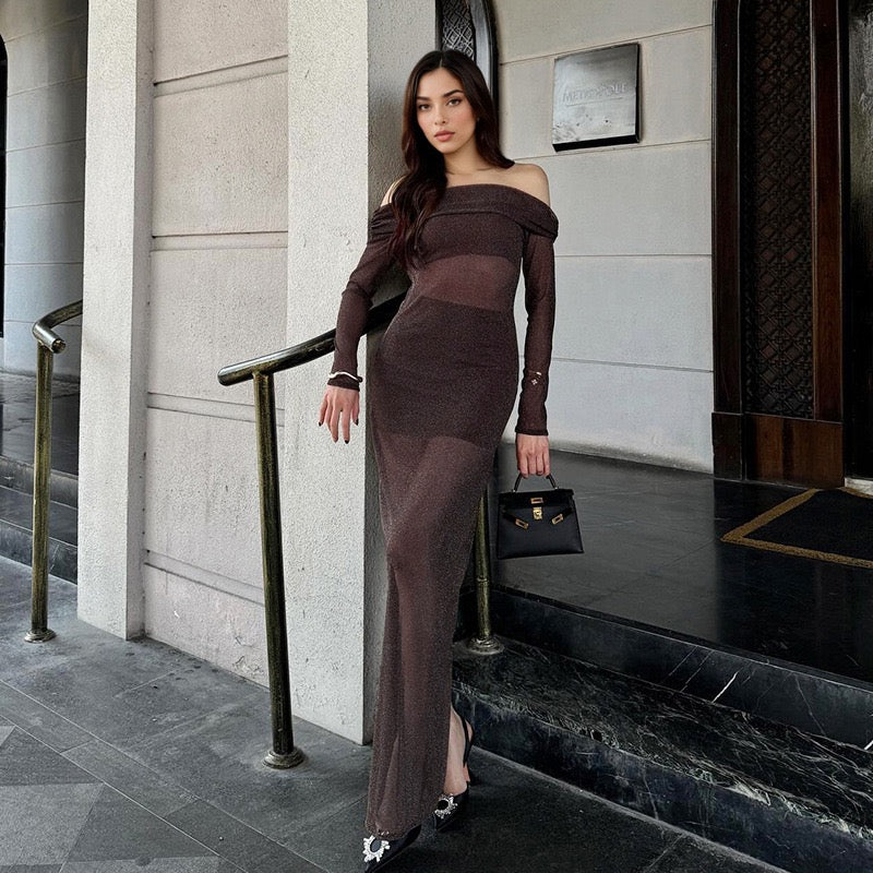 Transparent sequin maxi dress with off-shoulder design combined with top and mini skirt - Roxana