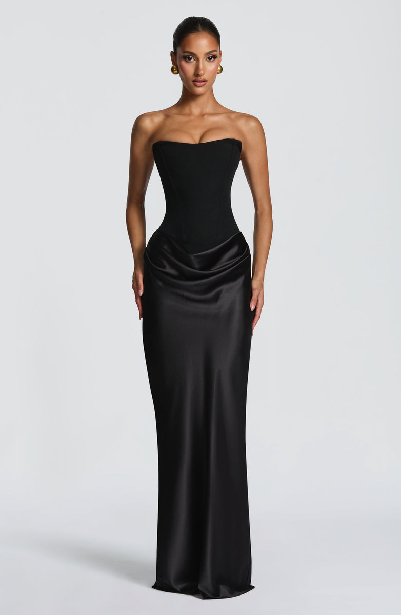 Maxi strapless dress with satin pleats and a lace-up corset back for waist fitting, decorated with a scarf - GENNA