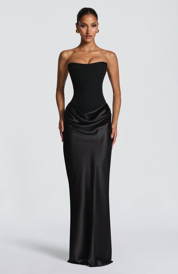 Maxi strapless dress with satin pleats and a lace-up corset back for waist fitting, decorated with a scarf - GENNA