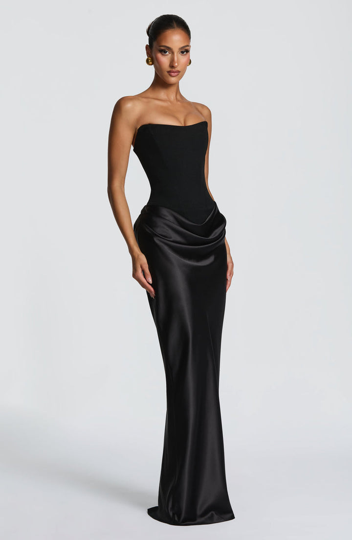 Maxi strapless dress with satin pleats and a lace-up corset back for waist fitting, decorated with a scarf - GENNA