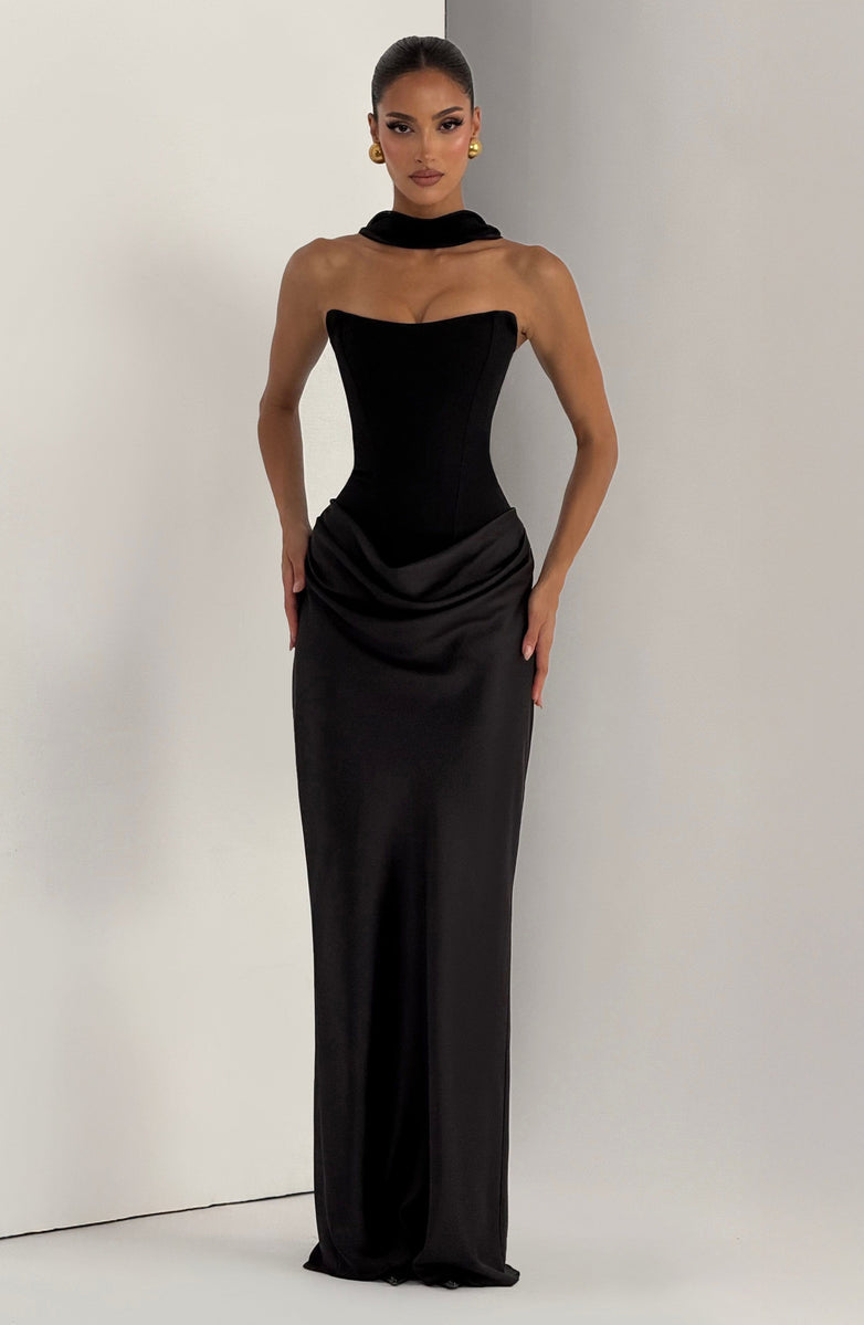 Maxi strapless dress with satin pleats and a lace-up corset back for waist fitting, decorated with a scarf - GENNA