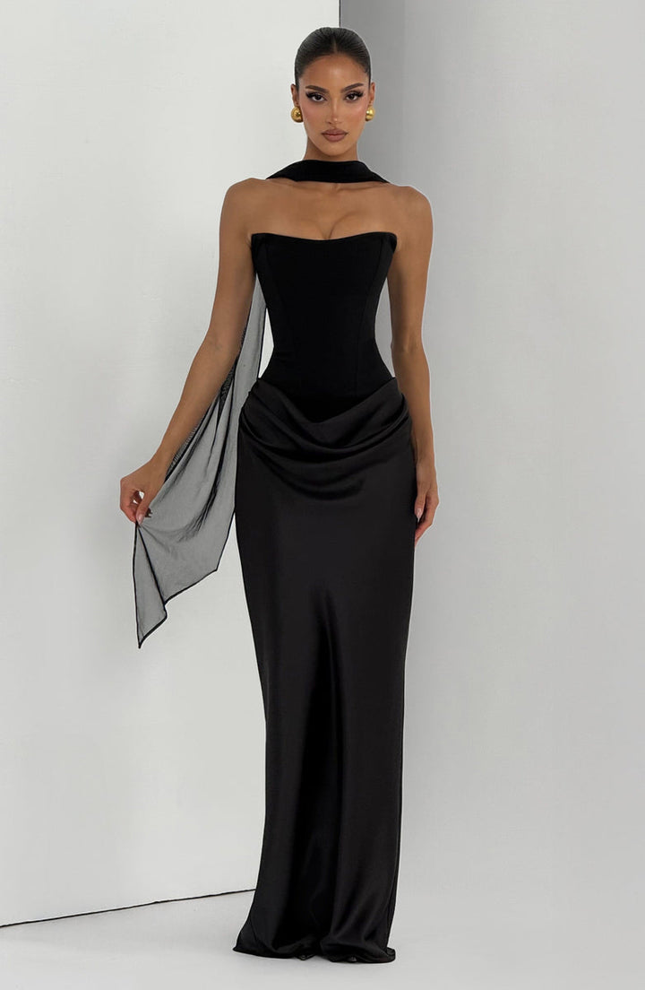 Maxi strapless dress with satin pleats and a lace-up corset back for waist fitting, decorated with a scarf - GENNA