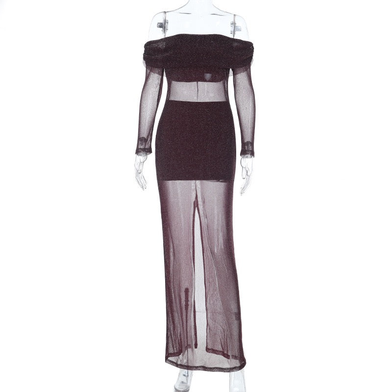 Transparent sequin maxi dress with off-shoulder design combined with top and mini skirt - Roxana