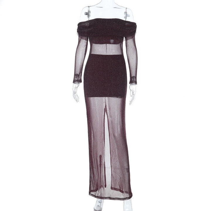 Transparent sequin maxi dress with off-shoulder design combined with top and mini skirt - Roxana