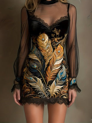 Velvet mini dress with floral and lace design, chiffon sleeves - Amari