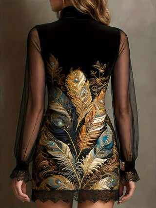 Velvet mini dress with floral and lace design, chiffon sleeves - Amari