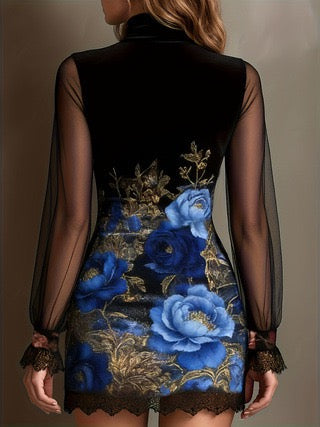 Velvet mini dress with floral and lace design, chiffon sleeves - Amari