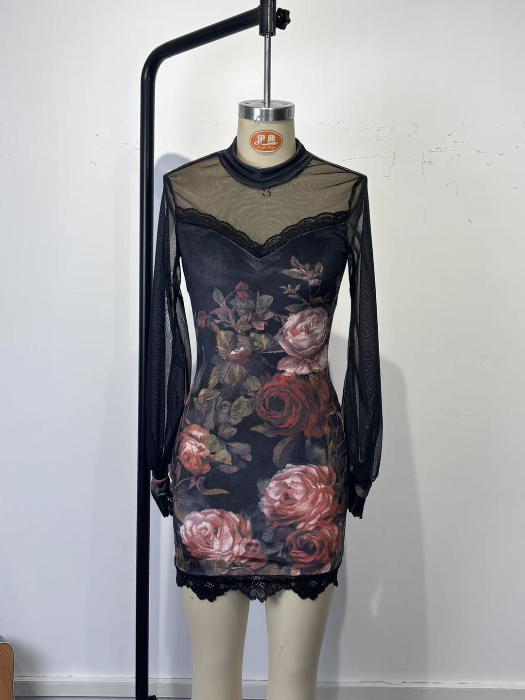 Velvet mini dress with floral and lace design, chiffon sleeves - Amari