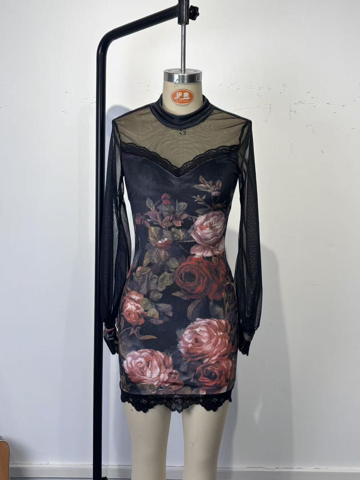 Velvet mini dress with floral and lace design, chiffon sleeves - Amari