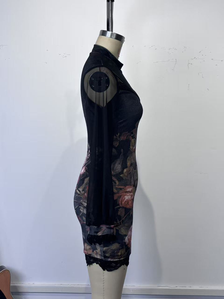 Velvet mini dress with floral and lace design, chiffon sleeves - Amari