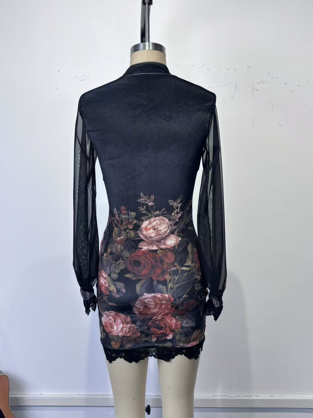 Velvet mini dress with floral and lace design, chiffon sleeves - Amari