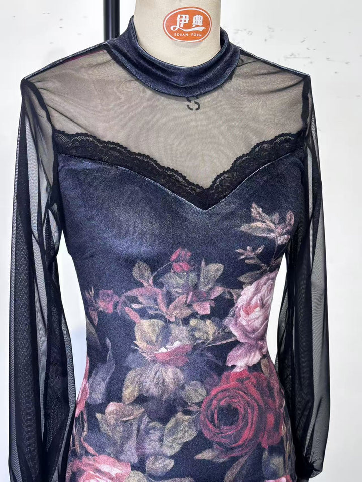 Velvet mini dress with floral and lace design, chiffon sleeves - Amari