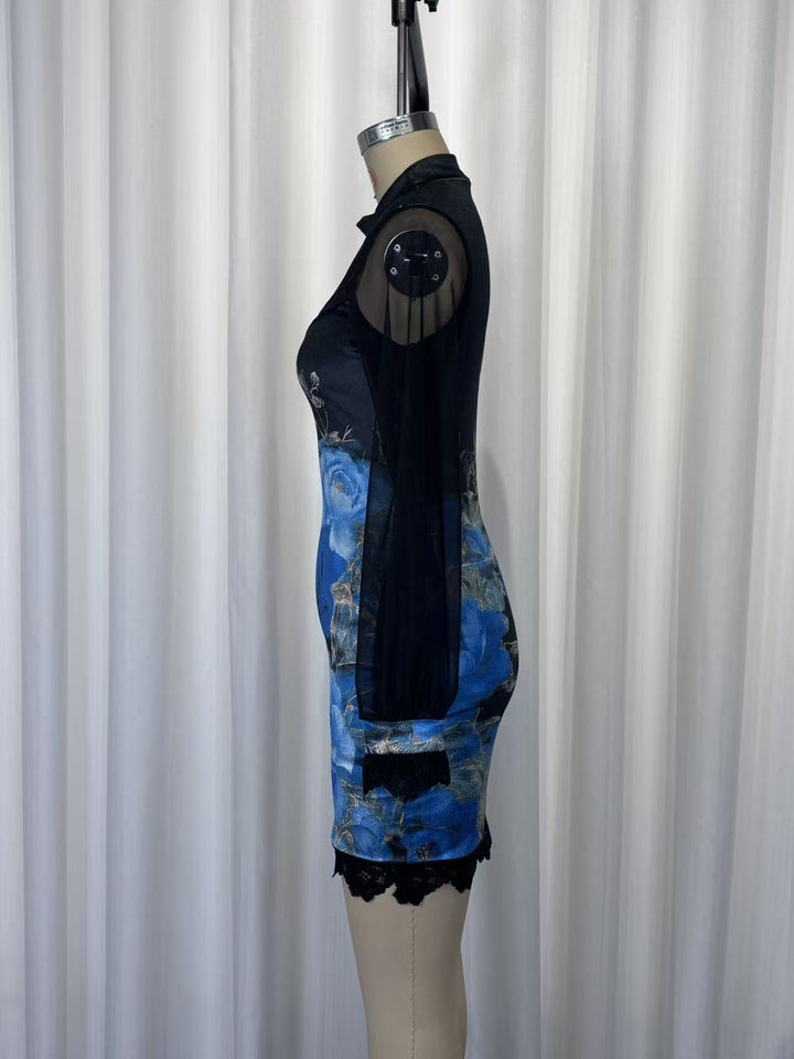 Velvet mini dress with floral and lace design, chiffon sleeves - Amari