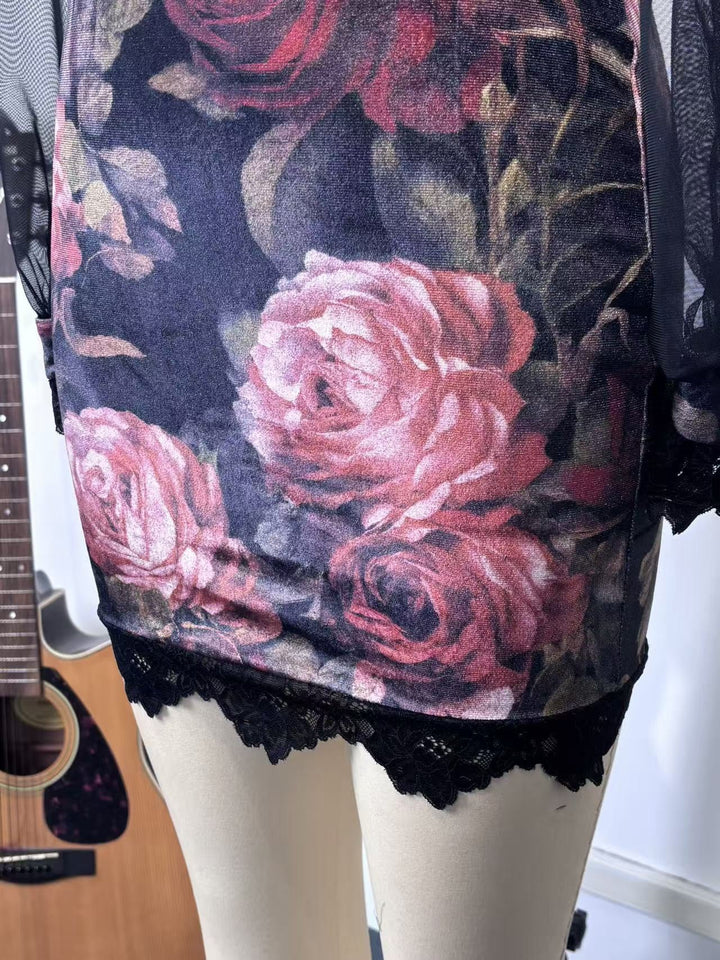 Velvet mini dress with floral and lace design, chiffon sleeves - Amari