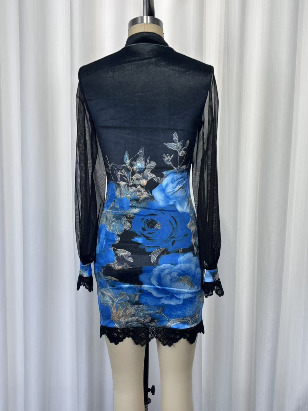 Velvet mini dress with floral and lace design, chiffon sleeves - Amari