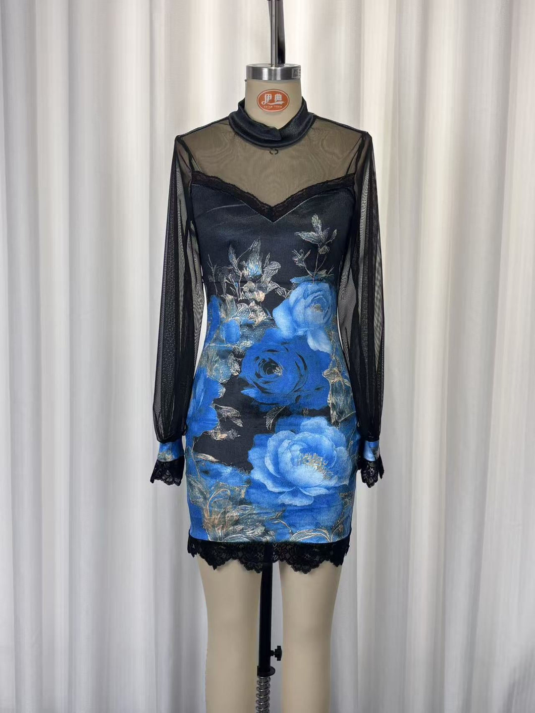 Velvet mini dress with floral and lace design, chiffon sleeves - Amari