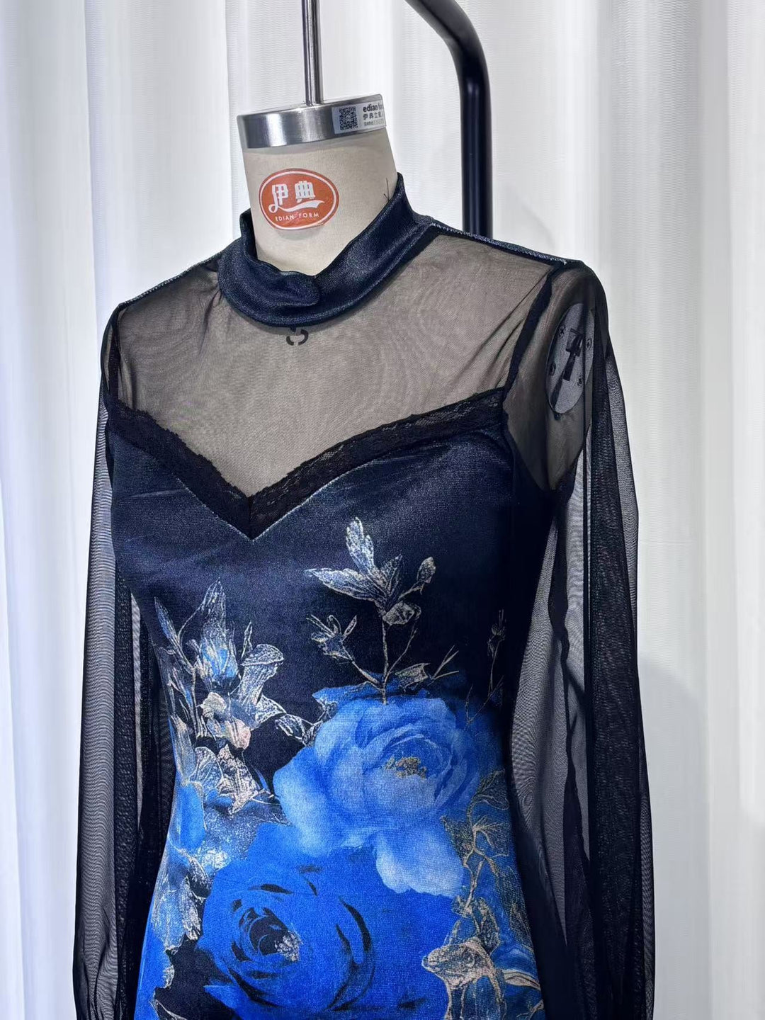Velvet mini dress with floral and lace design, chiffon sleeves - Amari