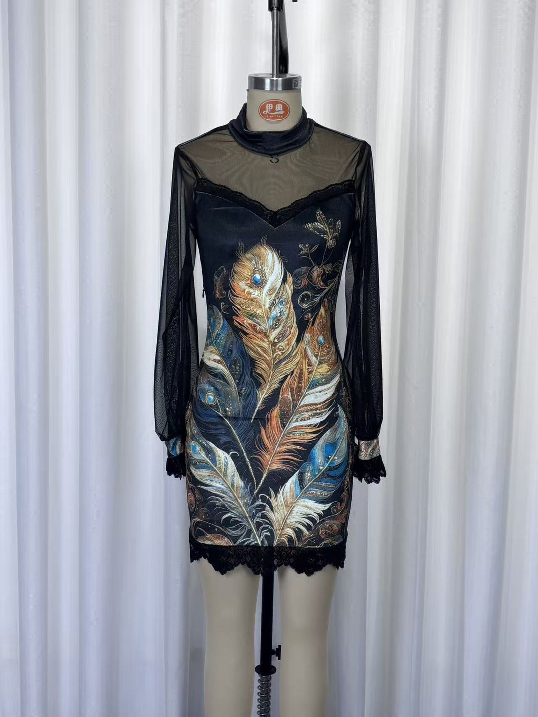 Velvet mini dress with floral and lace design, chiffon sleeves - Amari