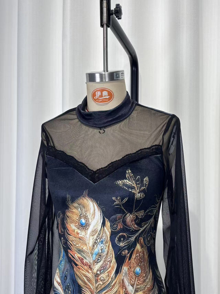 Velvet mini dress with floral and lace design, chiffon sleeves - Amari