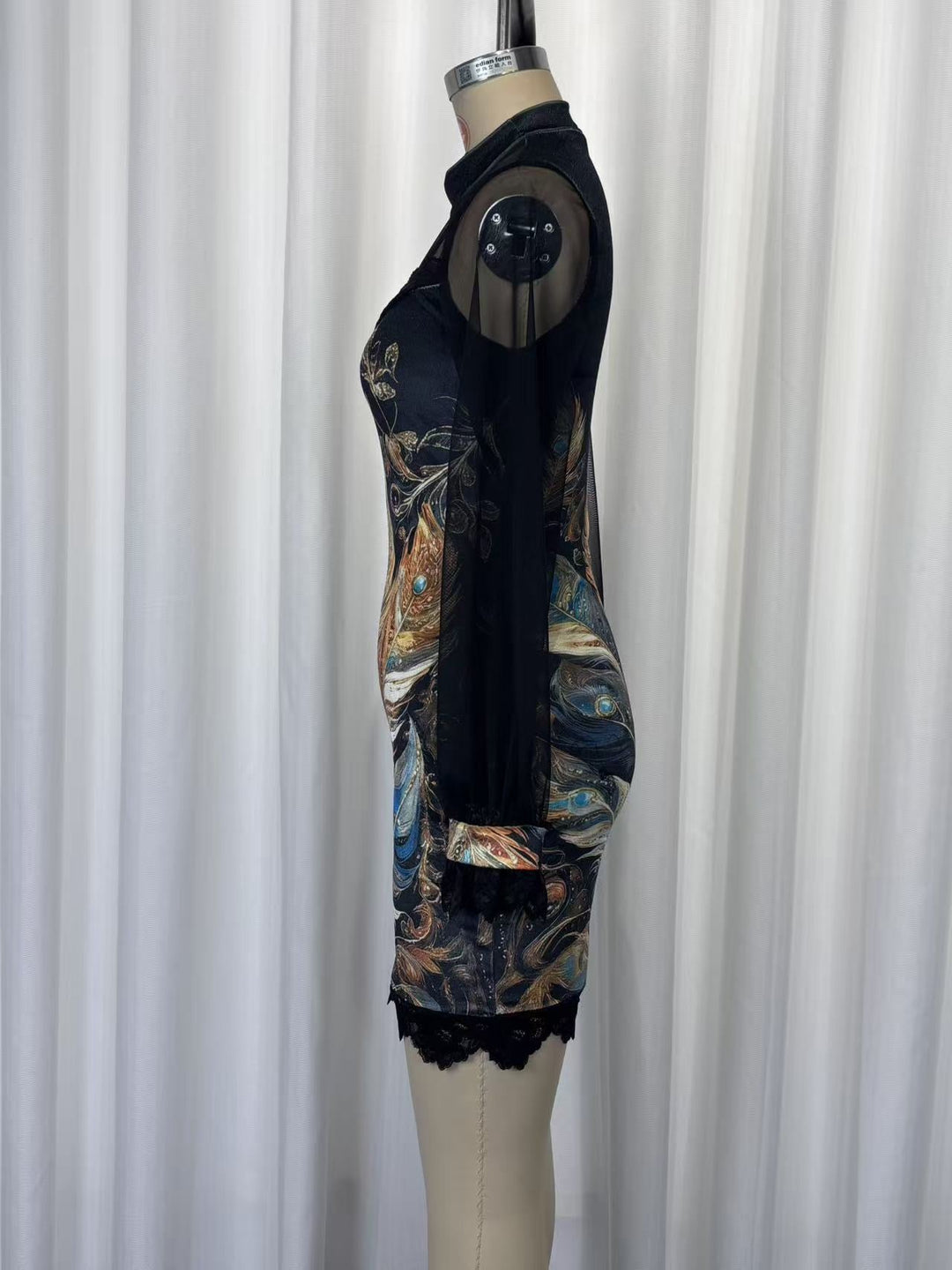 Velvet mini dress with floral and lace design, chiffon sleeves - Amari