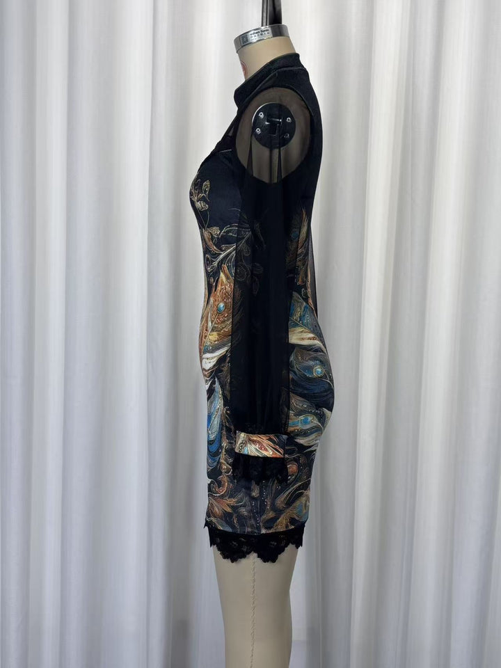 Velvet mini dress with floral and lace design, chiffon sleeves - Amari