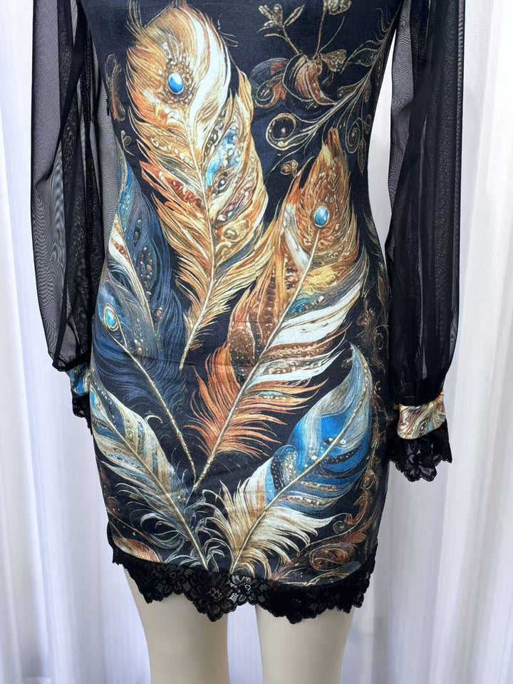 Velvet mini dress with floral and lace design, chiffon sleeves - Amari