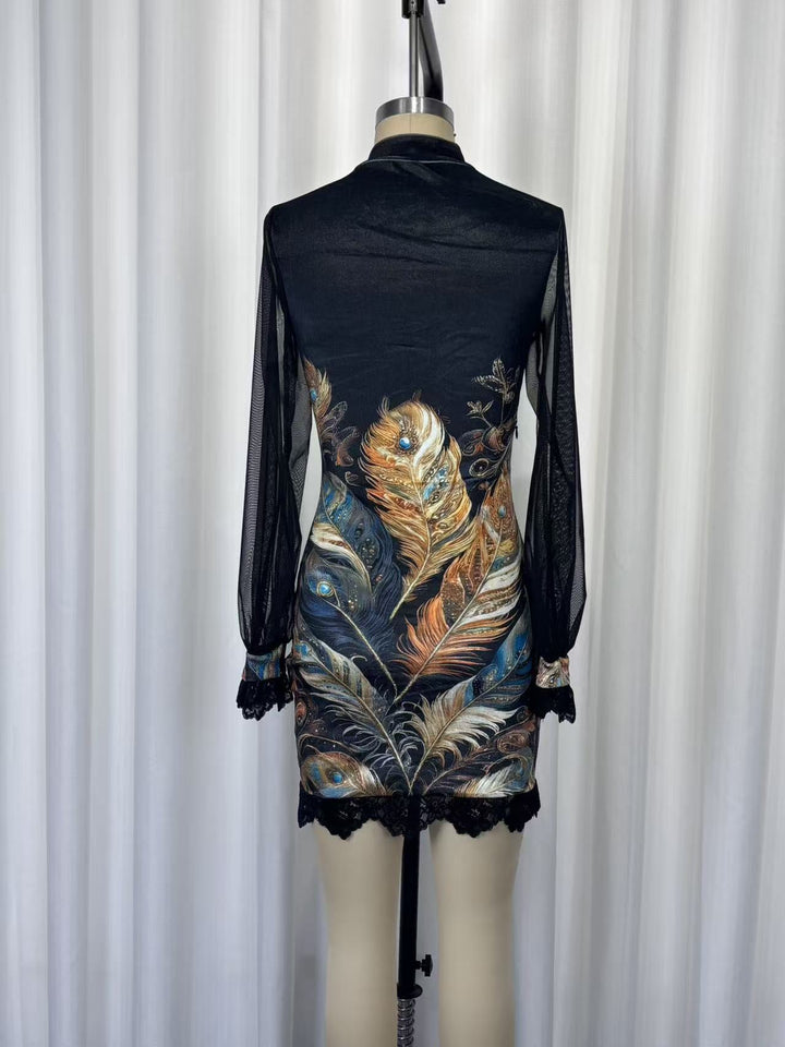 Velvet mini dress with floral and lace design, chiffon sleeves - Amari